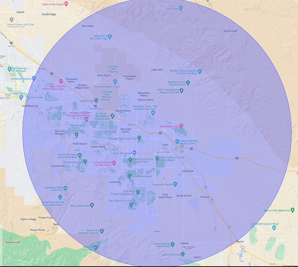 map of service coverage area for Premier Appraising